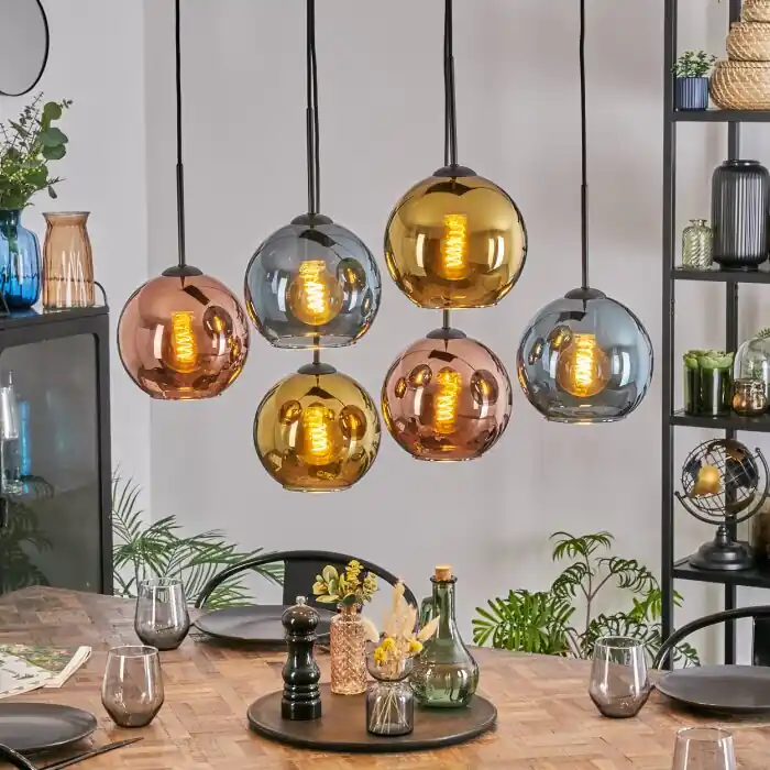 Beste Prijs Koyoto Hanglamp, Kogellampje, Hanglamp Blauw, Goud, Koperkleurig, 6-lichts