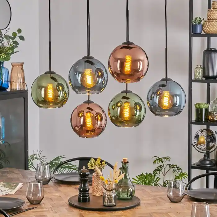 Koyoto Hanglamp, Kogellampje, Hanglamp Blauw, Groen, Koperkleurig, 6-lichts Fabrieksprijs