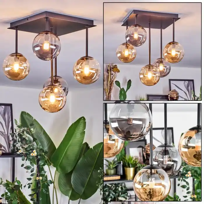 Chehalis Plafondlamp, Kogellampje Amber, Rookkleurig, 5-lichts Favoriet