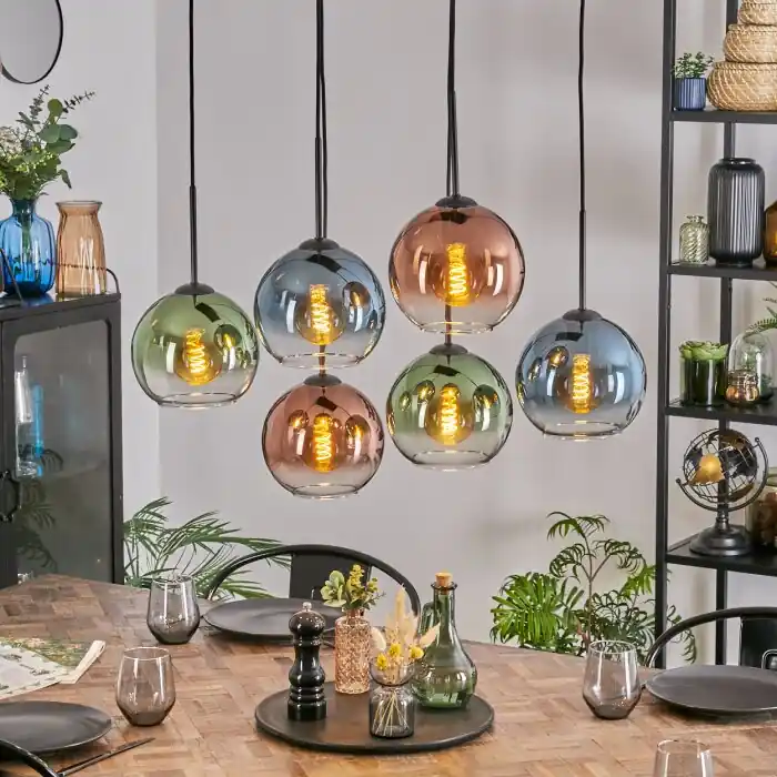 Koyoto Hanglamp, Kogellampje, Hanglamp Blauw, Groen, Duidelijk, Koperkleurig, 6-lichts Weekendaanbieding