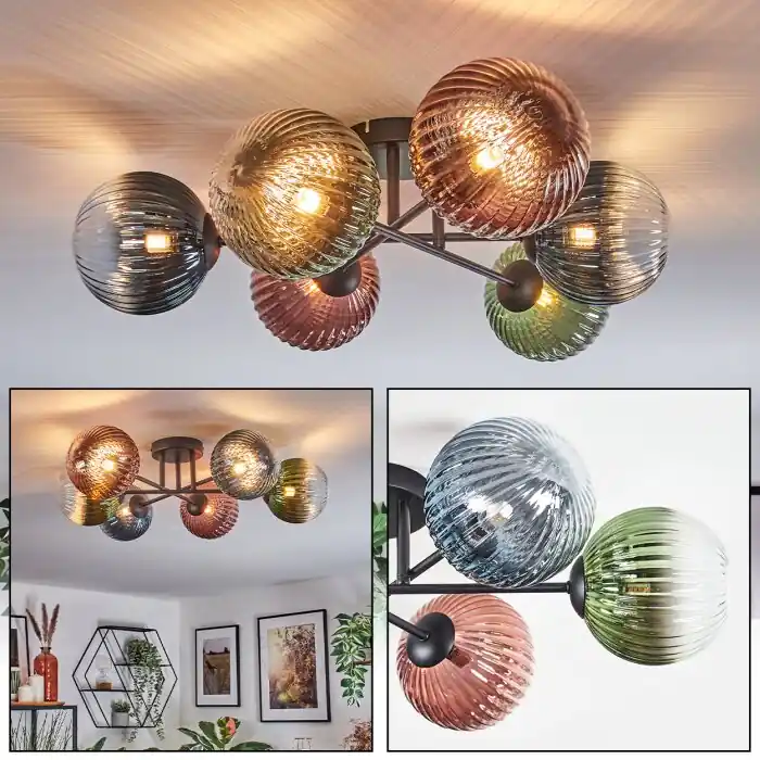 Korting Chehalis Plafondlamp, Kogellampje 62 cm Blauw, Groen, Duidelijk, Koperkleurig, 6-lichts