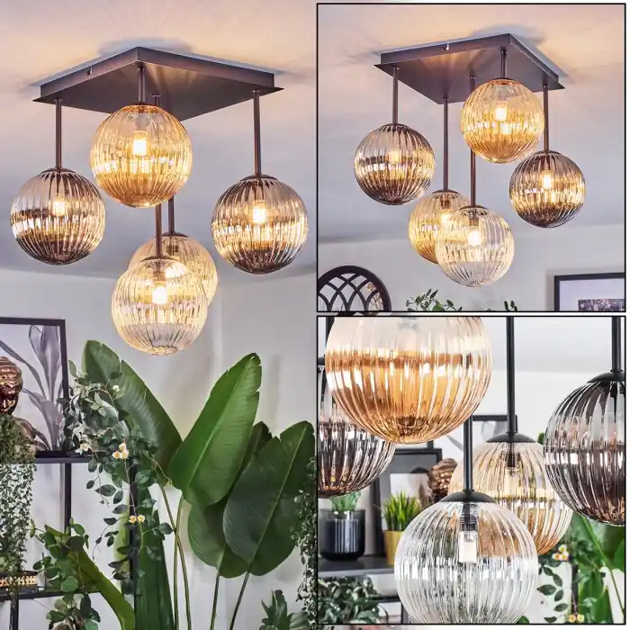 Rechtstreeks Van De Fabrikant Chehalis Plafondlamp, Kogellampje Amber, Duidelijk, Rookkleurig, 5-lichts