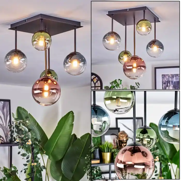 Laatste Versie Chehalis Plafondlamp, Kogellampje Blauw, Groen, Duidelijk, Koperkleurig, 5-lichts