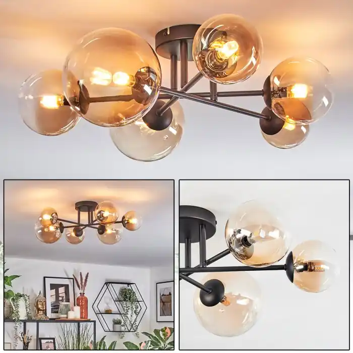 Chehalis Plafondlamp, Kogellampje 62 cm Amber, Duidelijk, 6-lichts Exclusieve Aanbieding