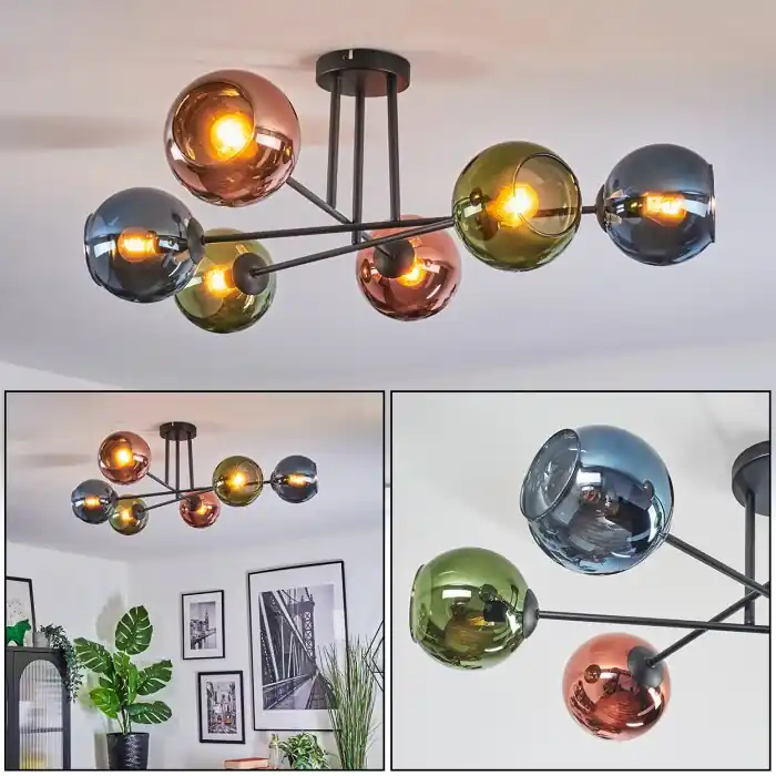 Speciale Aanbieding Koyoto Plafondlamp, Kogellampje 78 cm Blauw, Groen, Koperkleurig, 6-lichts
