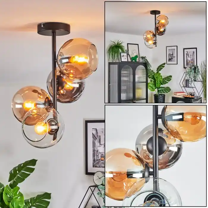 Seizoensaanbieding Koyoto Plafondlamp, Kogellampje 31 cm Amber, Chroom, Duidelijk, Rookkleurig, 4-lichts