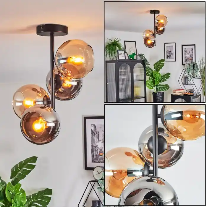 Koyoto Plafondlamp, Kogellampje 31 cm Amber, Chroom, Rookkleurig, 4-lichts Aanbieding
