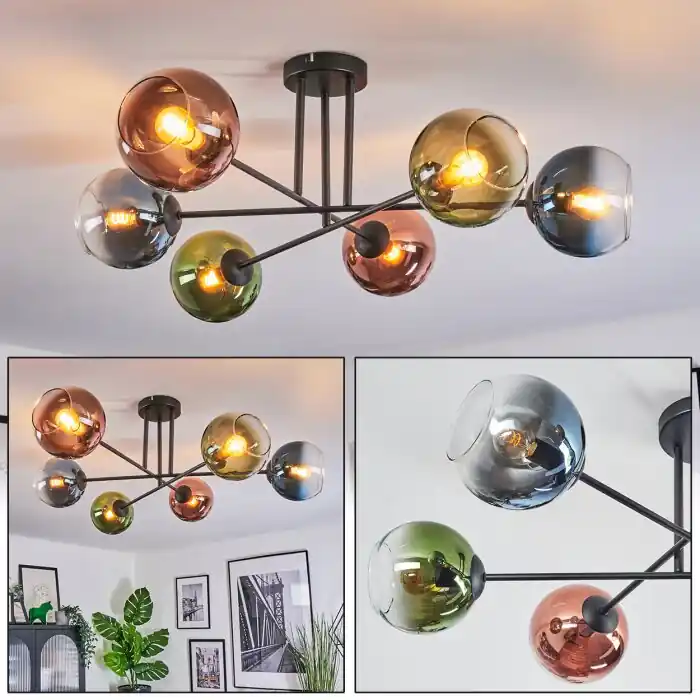 Koyoto Plafondlamp, Kogellampje Blauw, Groen, Duidelijk, Koperkleurig, 6-lichts Tijdelijk Beschikbaar