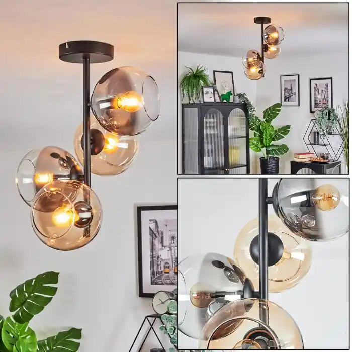 Premium Koyoto Plafondlamp, Kogellampje 31 cm Amber, Duidelijk, Rookkleurig, 4-lichts