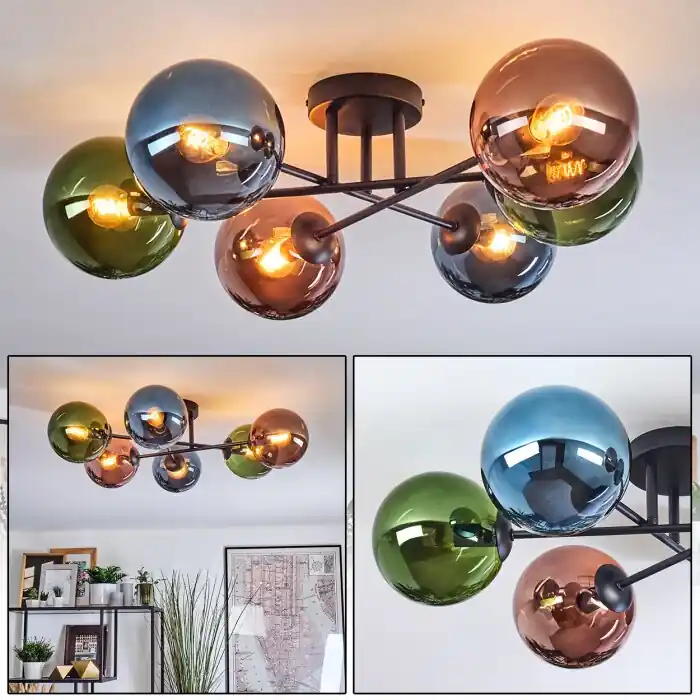 Gastor Plafondlamp, Kogellampje 62 cm Blauw, Groen, Koperkleurig, 6-lichts Uitverkoop