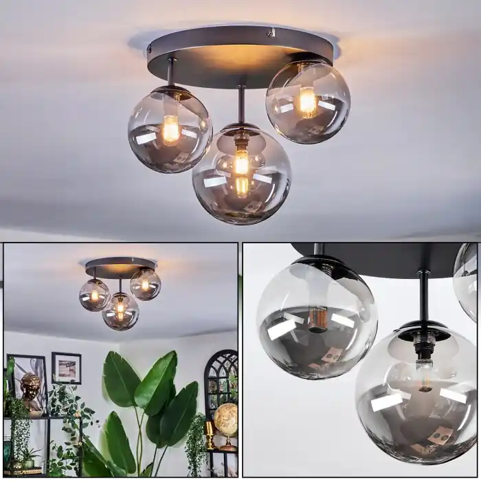 Chehalis Plafondlamp, Kogellampje 32 cm Rookkleurig, 3-lichts Bestel Nu