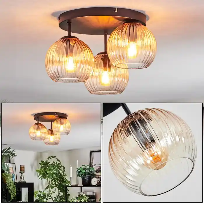 Koyoto Plafondlamp, Kogellampje 30 cm Amber, Duidelijk, 3-lichts Gratis Retour