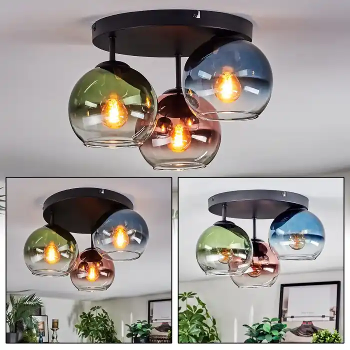 Koyoto Plafondlamp, Kogellampje 30 cm Blauw, Groen, Duidelijk, Koperkleurig, 3-lichts Betrouwbaar