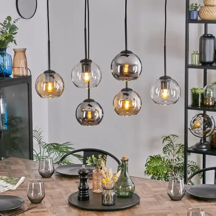 Koyoto Hanglamp, Kogellampje, Hanglamp Amber, Chroom, Duidelijk, Rookkleurig, 6-lichts Koopje