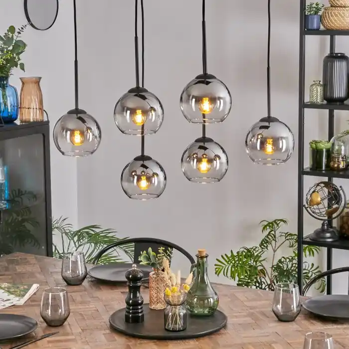 Koyoto Hanglamp, Kogellampje, Hanglamp Chroom, Duidelijk, Rookkleurig, 6-lichts Premium