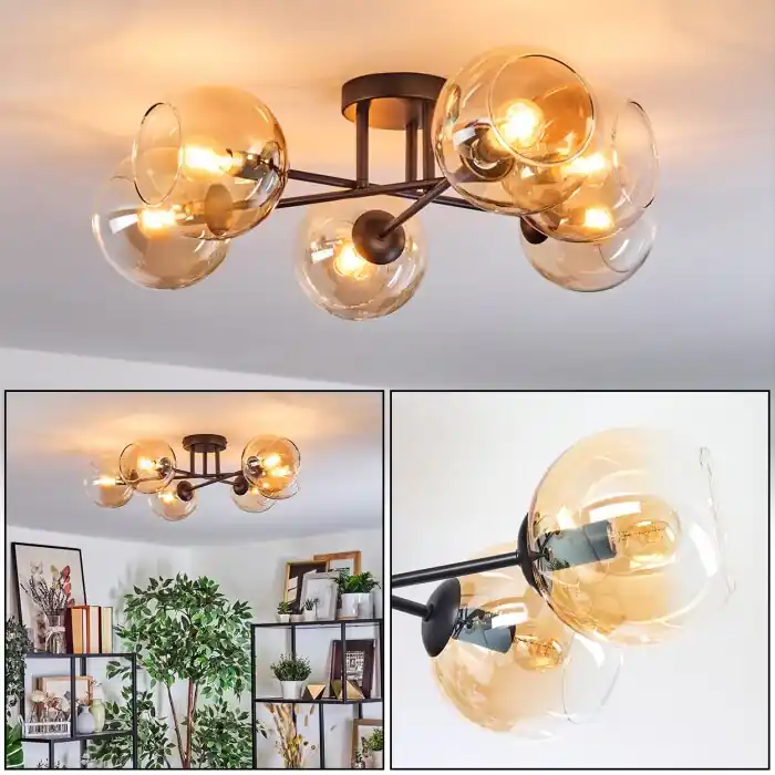 Koyoto Plafondlamp, Kogellampje Amber, Duidelijk, 6-lichts Favoriet