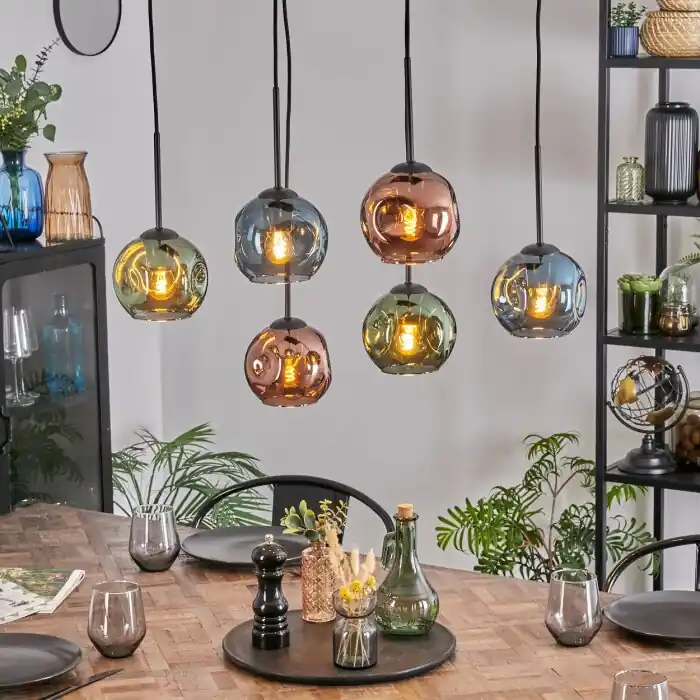 Ripoll Hanglamp, Kogellampje, Hanglamp Blauw, Groen, Koperkleurig, 6-lichts Alleen Vandaag