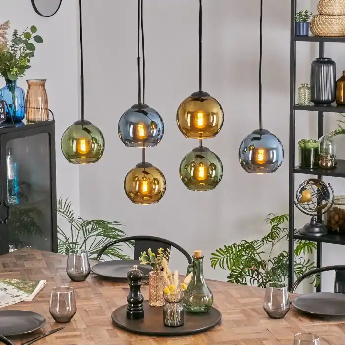 Voordeelprijs Koyoto Hanglamp, Kogellampje, Hanglamp Blauw, Goud, Groen, 6-lichts