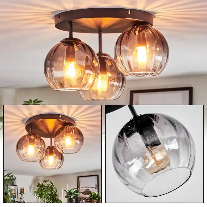 Exclusieve Aanbieding Koyoto Plafondlamp, Kogellampje 30 cm Duidelijk, Rookkleurig, 3-lichts