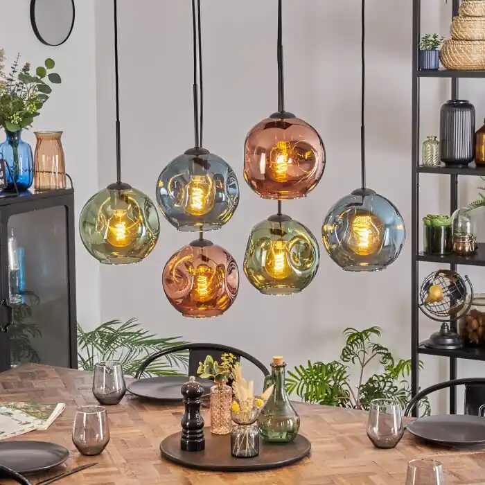 Ripoll Hanglamp, Kogellampje, Hanglamp Blauw, Groen, Koperkleurig, 6-lichts Populair