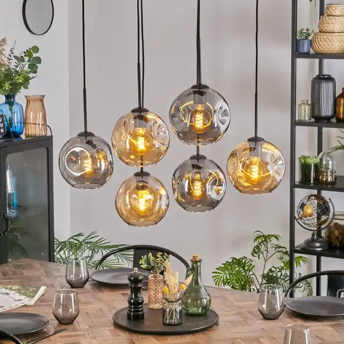 Ripoll Hanglamp, Kogellampje, Hanglamp Amber, Rookkleurig, 6-lichts Dagaanbieding