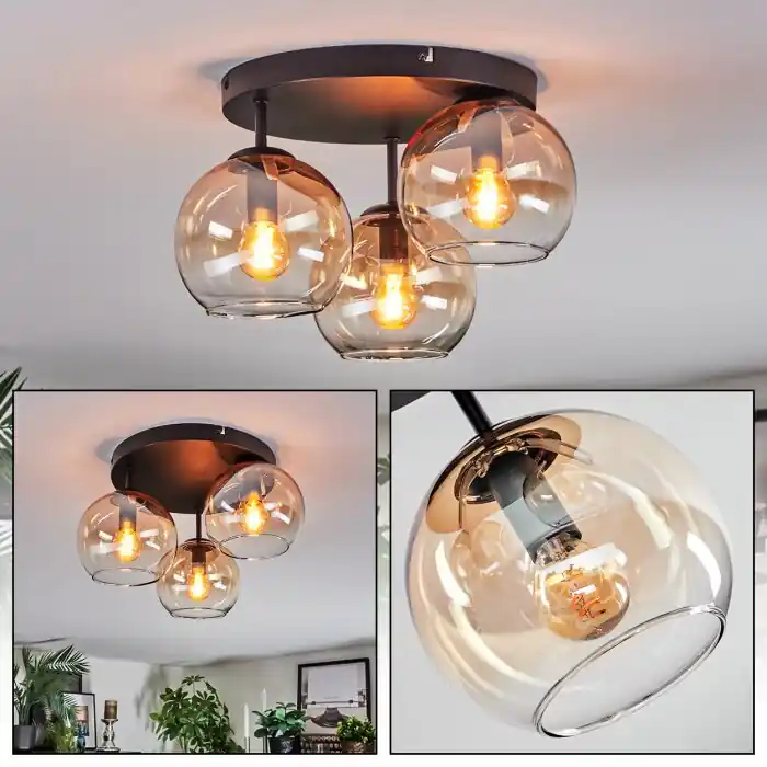 Lage Kosten Koyoto Plafondlamp, Kogellampje Amber, Duidelijk, 3-lichts