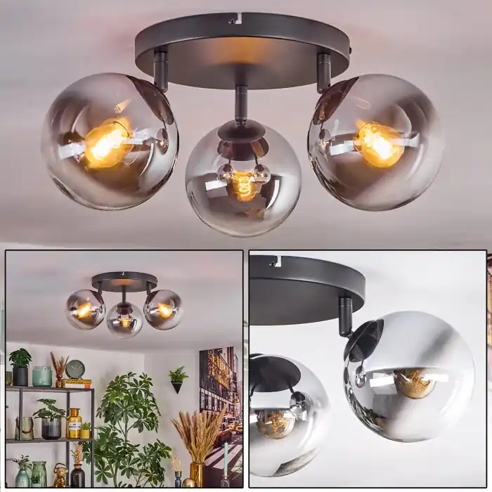 Gastor Plafondlamp, Kogellampje Chroom, Duidelijk, Rookkleurig, 3-lichts Op = Op