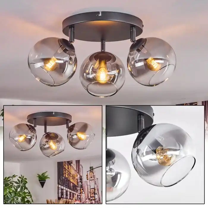Koyoto Plafondlamp, Kogellampje Duidelijk, Rookkleurig, 3-lichts Exclusieve Aanbieding