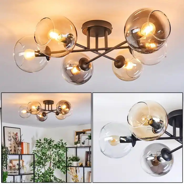 Veilige Betaling Koyoto Plafondlamp, Kogellampje Amber, Duidelijk, Rookkleurig, 6-lichts