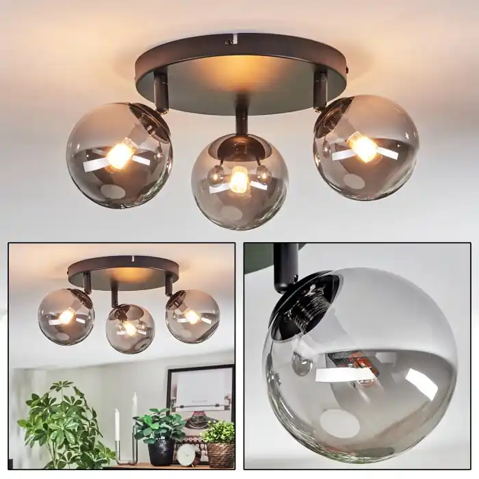 Korting Chehalis Plafondlamp, Kogellampje Rookkleurig, 3-lichts