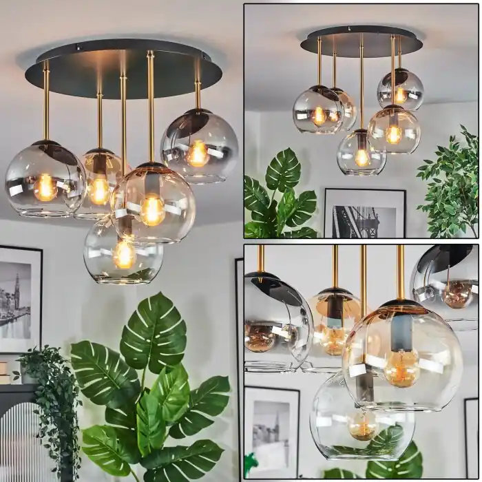 Koyoto Plafondlamp, Kogellampje 45 cm Messing, Zwart, 5-lichts Alleen Vandaag