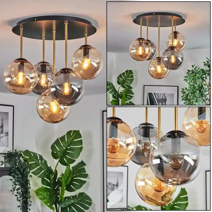 Gastor Plafondlamp, Kogellampje Messing, Zwart, 5-lichts Merkproduct