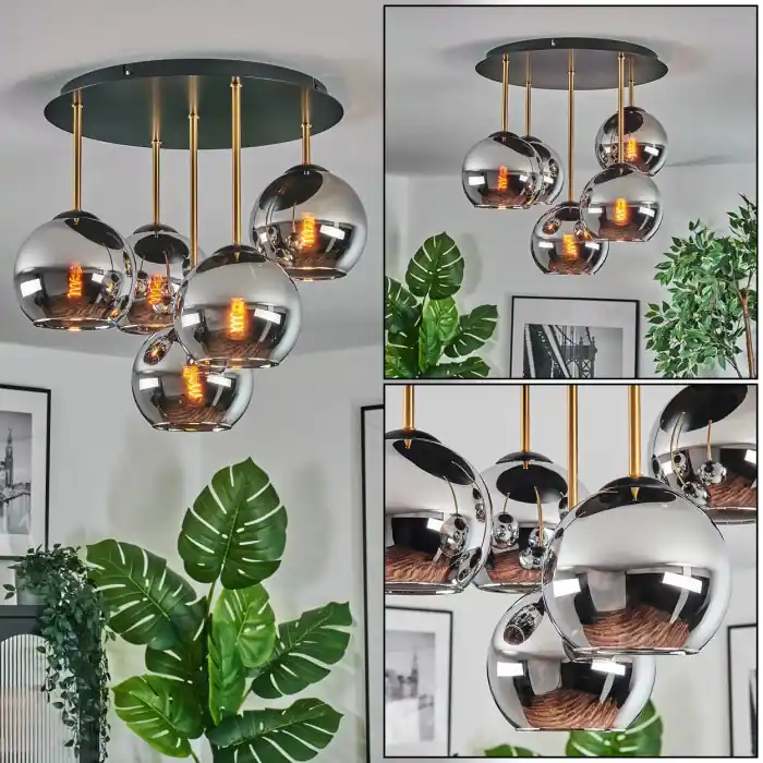 Koyoto Plafondlamp, Kogellampje 45 cm Messing, Zwart, 5-lichts Direct Verzonden