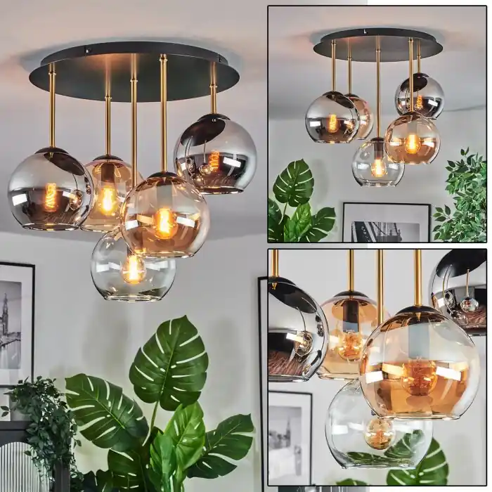 Koyoto Plafondlamp, Kogellampje 45 cm Messing, Zwart, 5-lichts Aanbieding