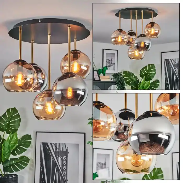 Koyoto Plafondlamp, Kogellampje 45 cm Messing, Zwart, 5-lichts Express Levering