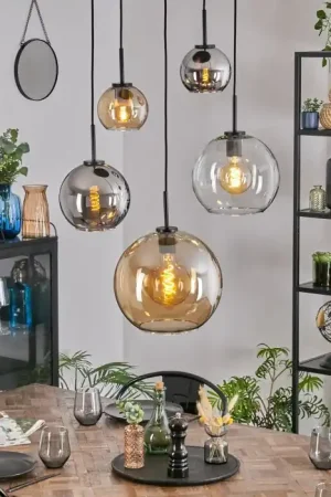 Weekendaanbieding Koyoto Hanglamp, Kogellampje, Hanglamp Amber, Chroom, Duidelijk, Rookkleurig, 5-lichts