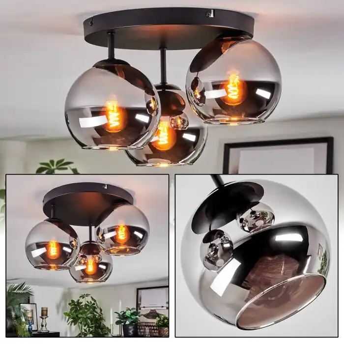 Koyoto Plafondlamp, Kogellampje 30 cm Chroom, Rookkleurig, 3-lichts Beperkte Voorraad