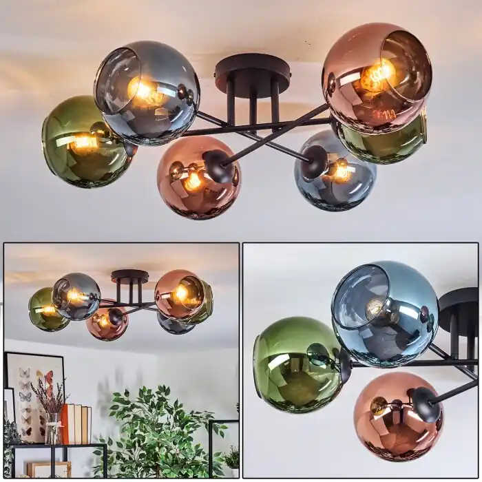 Beperkt Aanbod Koyoto Plafondlamp, Kogellampje 59 cm Blauw, Groen, Koperkleurig, 6-lichts