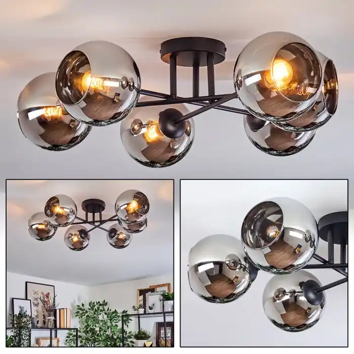 Koyoto Plafondlamp, Kogellampje 59 cm Chroom, Rookkleurig, 6-lichts Tijdelijk Beschikbaar
