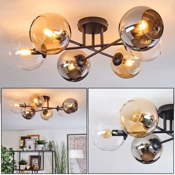 Koyoto Plafondlamp, Kogellampje 59 cm Amber, Chroom, Duidelijk, Rookkleurig, 6-lichts Fabrieksprijs