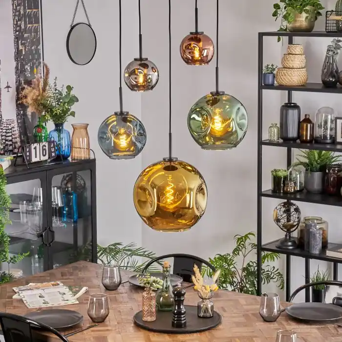 Gecertificeerd Ripoll Hanglamp, Kogellampje, Hanglamp Blauw, Chroom, Goud, Groen, Koperkleurig, Rookkleurig, 5-lichts