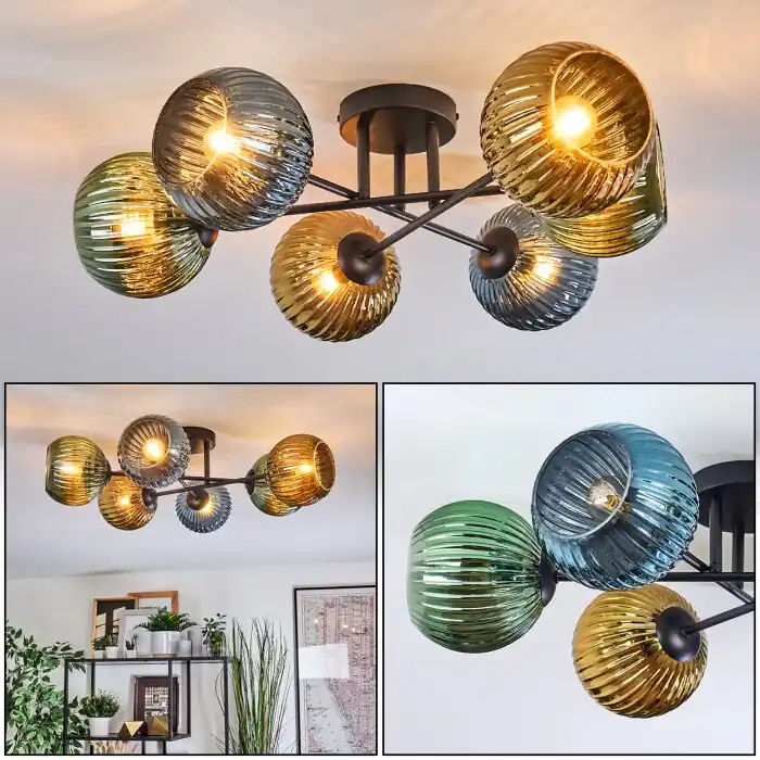 Koyoto Plafondlamp, Kogellampje 59 cm Blauw, Goud, Groen, 6-lichts Tijdelijk Beschikbaar