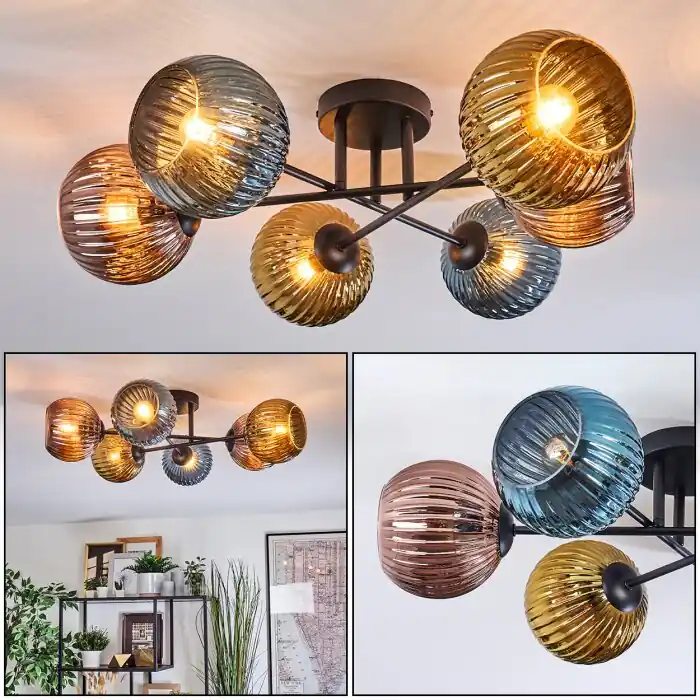 Snelle Levering Koyoto Plafondlamp, Kogellampje 59 cm Blauw, Goud, Koperkleurig, 6-lichts