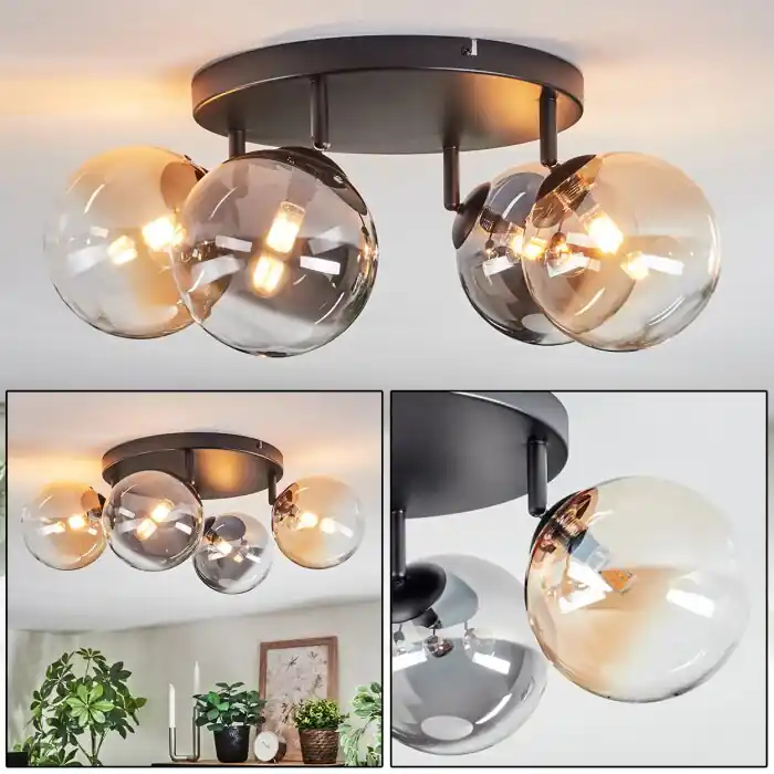 Favoriet Chehalis Plafondlamp, Kogellampje Amber, Duidelijk, Rookkleurig, 4-lichts