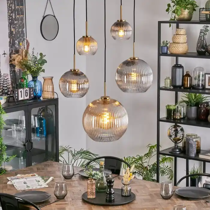 Koyoto Hanglamp, Kogellampje, Hanglamp Goud, Zwart, 5-lichts Op = Op