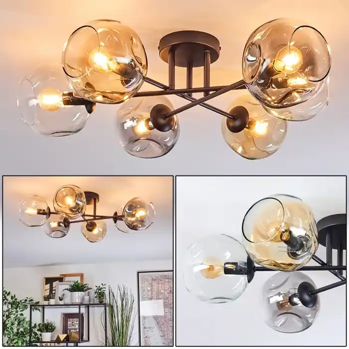 Premium Ripoll Plafondlamp, Kogellampje Amber, Duidelijk, Rookkleurig, 6-lichts