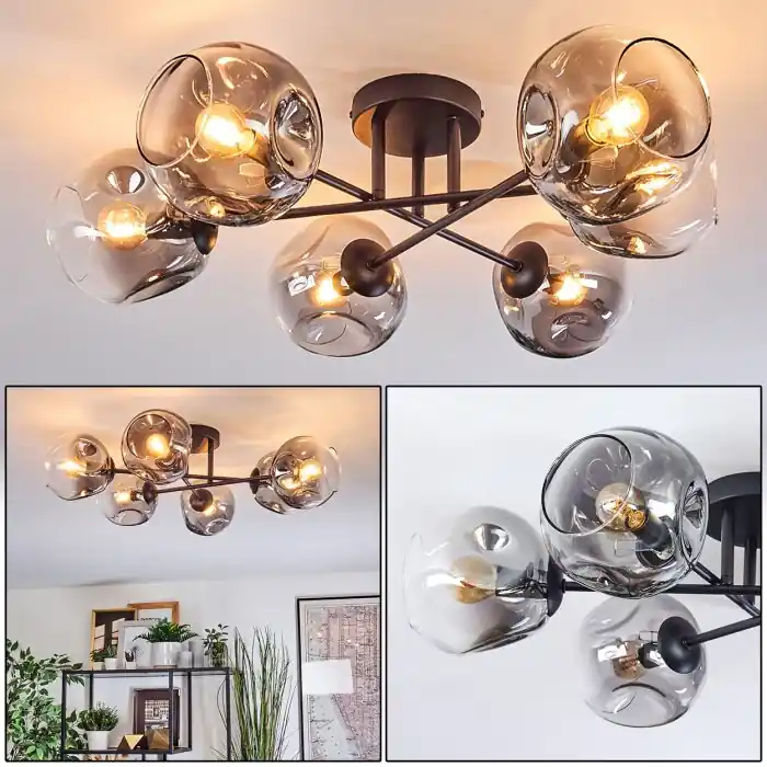 Direct Verzonden Ripoll Plafondlamp, Kogellampje Duidelijk, Rookkleurig, 6-lichts