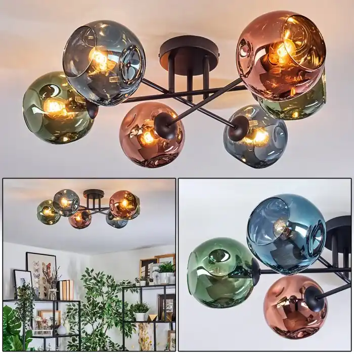 Ripoll Plafondlamp, Kogellampje Blauw, Groen, Koperkleurig, 6-lichts Tijdelijk Beschikbaar