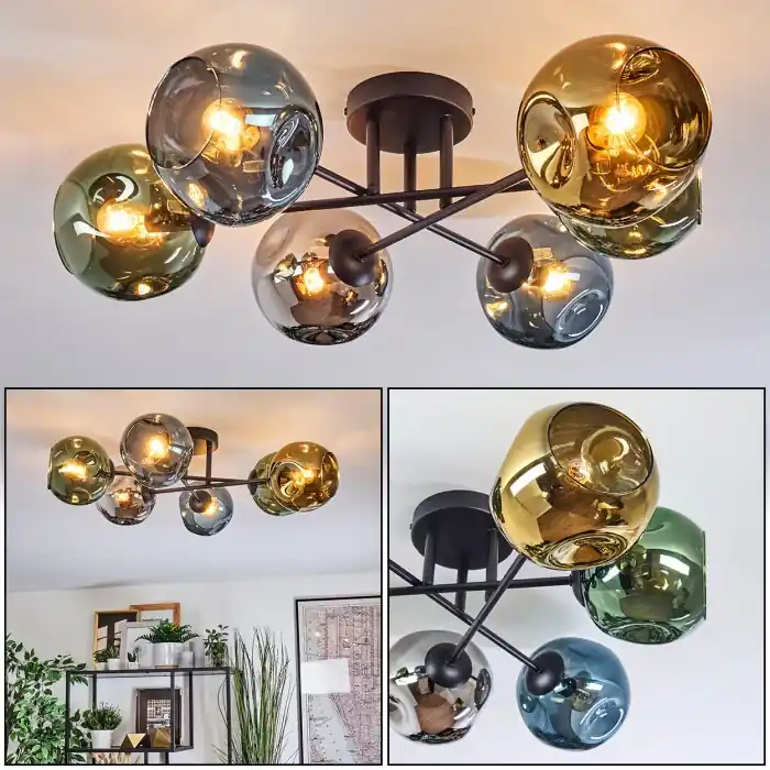 Direct Beschikbaar Ripoll Plafondlamp, Kogellampje Blauw, Chroom, Goud, Groen, Rookkleurig, 6-lichts