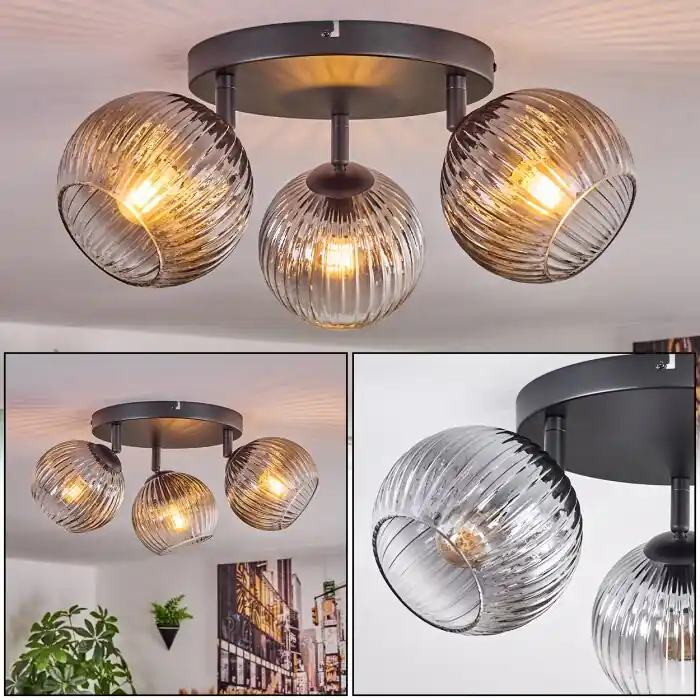 Koyoto Plafondlamp, Kogellampje Duidelijk, Rookkleurig, 3-lichts Snelle Levering